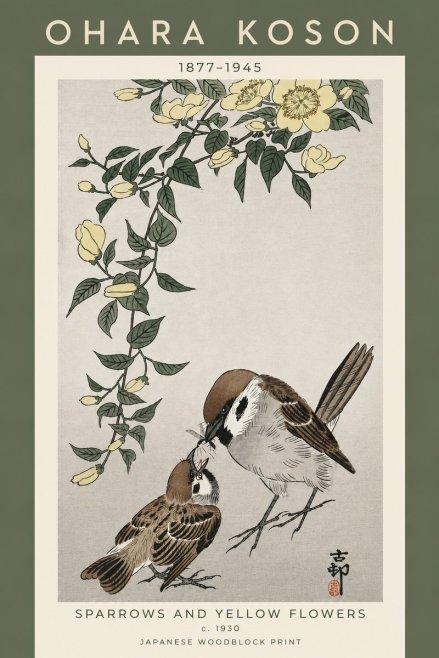 Ohara Koson Sparrows and Yellow Flowers No5 - Affiche