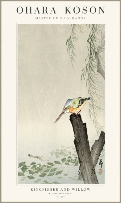 Ohara Koson Kingfisher and Willow No1 - Affiche
