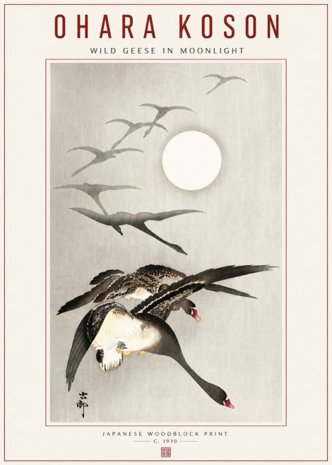 Ohara Koson Wild Geese in Moonlight I No5 - Affiche