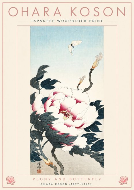 Ohara Koson Peony and Butterfly No4 - Affiche