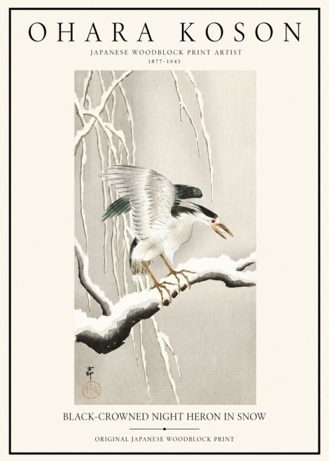 Ohara Koson Black-crowned Night Heron in Snow No1 - Affiche