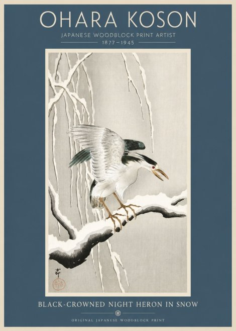 Ohara Koson Black-crowned Night Heron in Snow No2 - Affiche