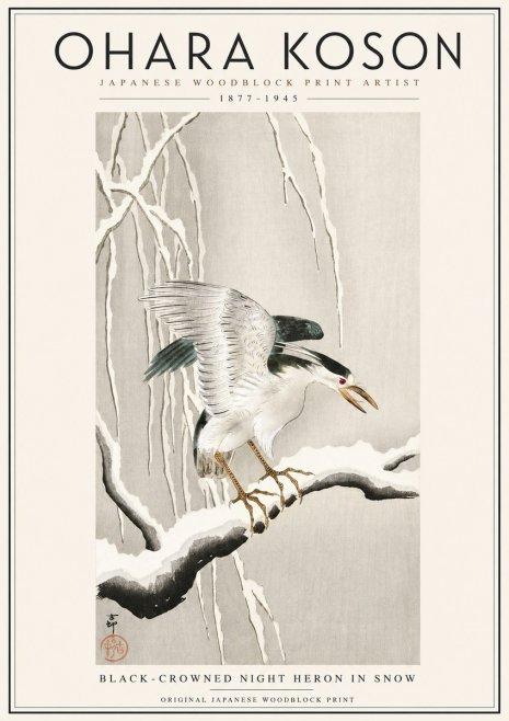 Ohara Koson Black-crowned Night Heron in Snow No3 - Affiche