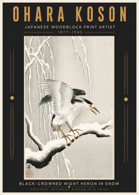 Ohara Koson Black-crowned Night Heron in Snow No5 - Affiche