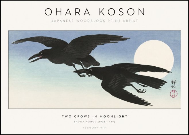 Ohara Koson Two Crows in Flight, Moonlight No2 - Affiche