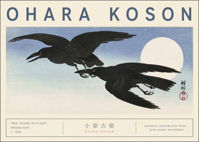 Ohara Koson Two Crows in Flight, Moonlight No3 - Affiche