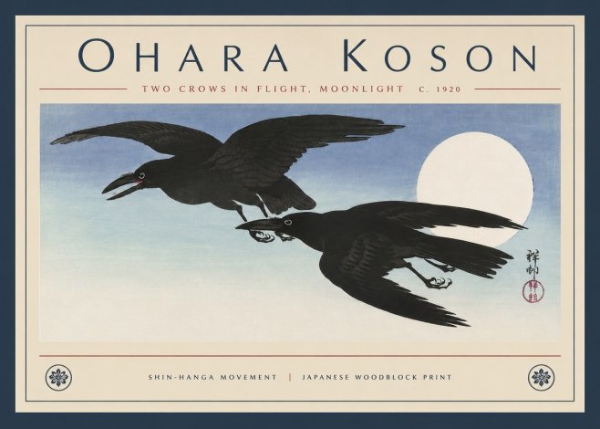 Ohara Koson Two Crows in Flight, Moonlight No4 - Affiche