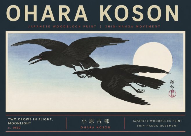 Ohara Koson Two Crows in Flight, Moonlight No6 - Affiche