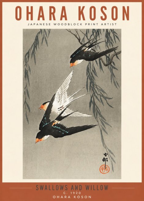 Ohara Koson Swallows and Willow II No3 - Affiche