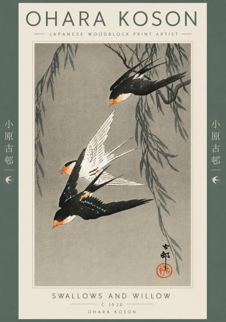 Ohara Koson Swallows and Willow II No5 - Affiche