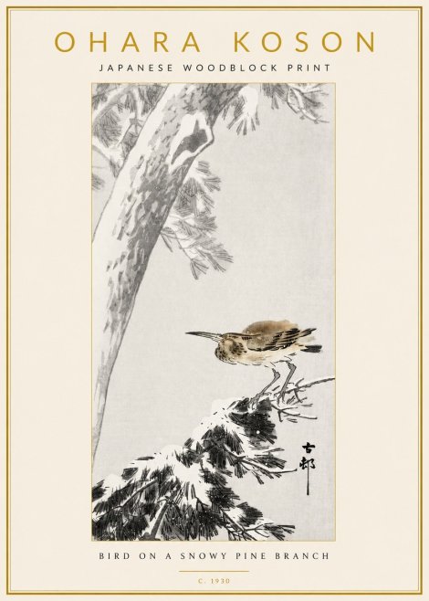 Ohara Koson Bird on a Snowy Pine Branch No3 - Affiche