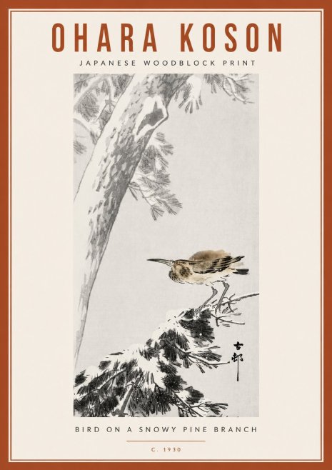 Ohara Koson Bird on a Snowy Pine Branch No6 - Affiche