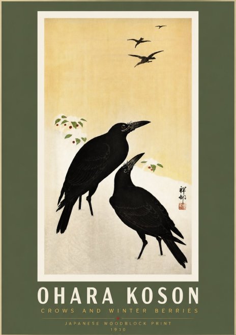 Ohara Koson Crows and Winter Berries No5 - Affiche