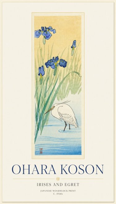 Ohara Koson Irises and Egret No1 - Affiche