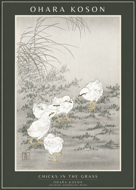 Ohara Koson Chicks in the Grass No1 - Affiche