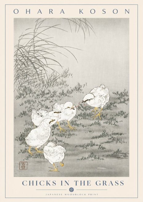 Ohara Koson Chicks in the Grass No2 - Affiche