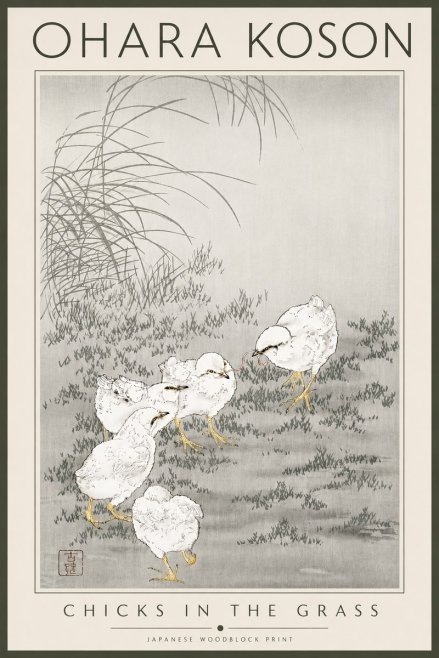 Ohara Koson Chicks in the Grass No4 - Affiche