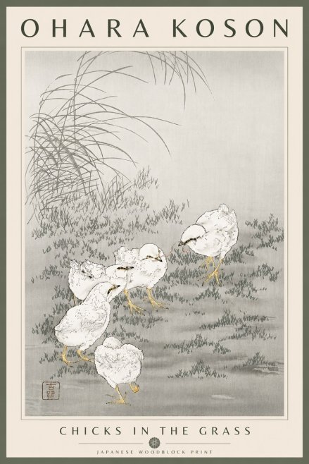 Ohara Koson Chicks in the Grass No6 - Affiche
