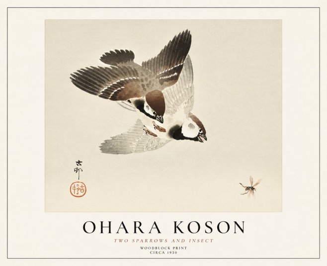Ohara Koson Two Sparrows and Insect No1 - Affiche