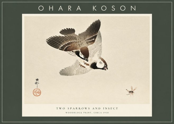 Ohara Koson Two Sparrows and Insect No2 - Affiche