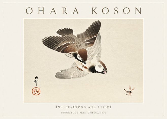 Ohara Koson Two Sparrows and Insect No3 - Affiche