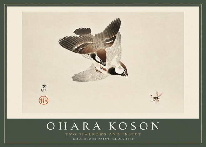 Ohara Koson Two Sparrows and Insect No4 - Affiche