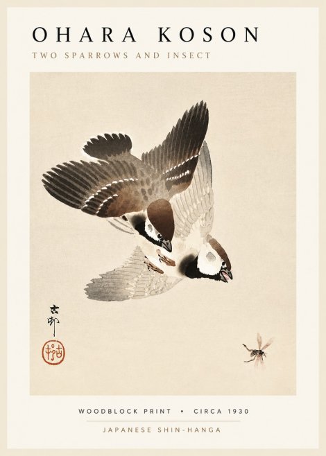Ohara Koson Two Sparrows and Insect No5 - Affiche