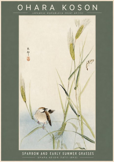 Ohara Koson Sparrow and Early Summer Grasses No2 - Affiche