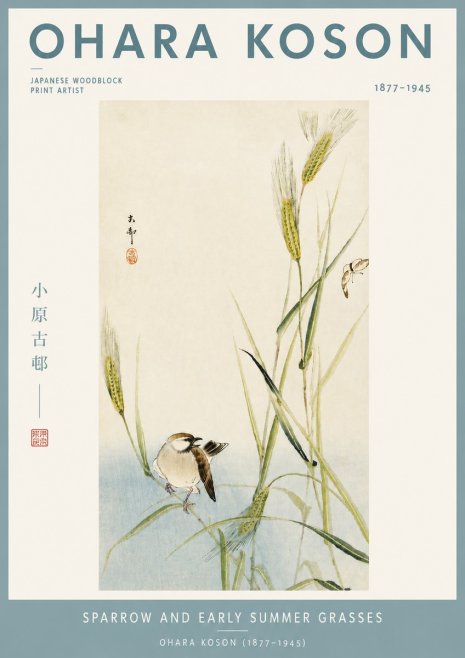 Ohara Koson Sparrow and Early Summer Grasses No4 - Affiche