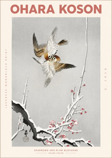 Ohara Koson Sparrows and Plum Blossoms No2 - Affiche