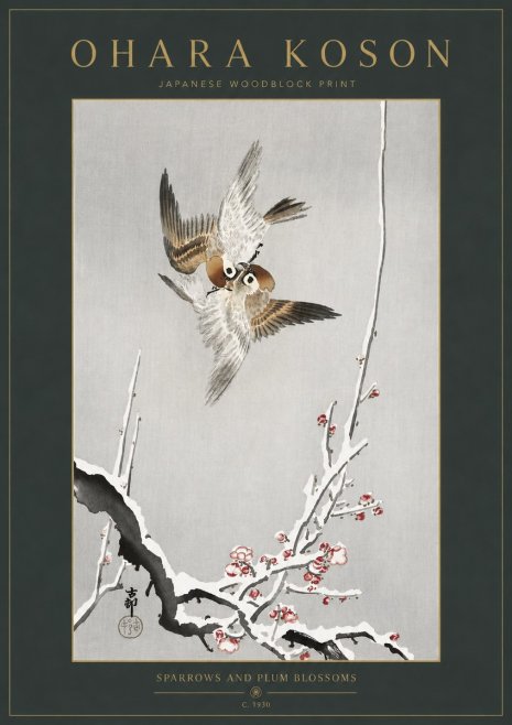 Ohara Koson Sparrows and Plum Blossoms No3 - Affiche