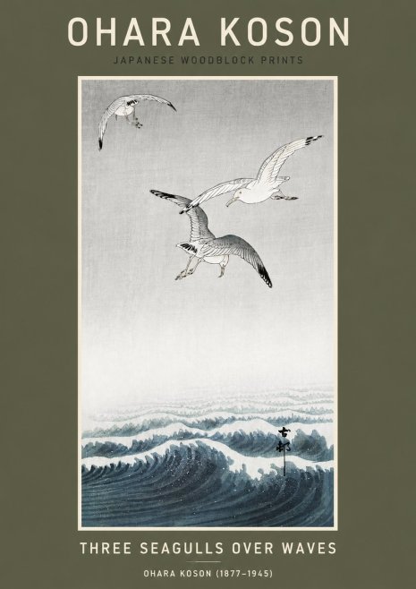 Ohara Koson Three Seagulls over Waves No3 - Affiche