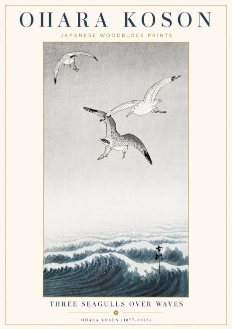 Ohara Koson Three Seagulls over Waves No4 - Affiche