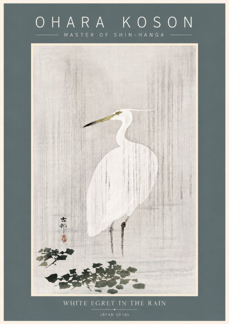 Ohara Koson White Egret in the Rain No5 - Affiche