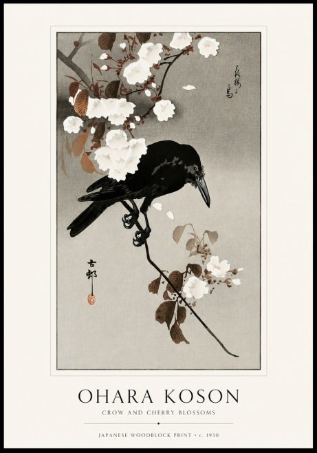 Ohara Koson Crow and Cherry Blossoms No1 - Affiche