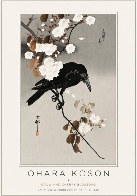 Ohara Koson Crow and Cherry Blossoms No4 - Affiche