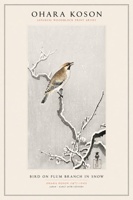 Ohara Koson Bird on Plum Branch in Snow No1 - Affiche