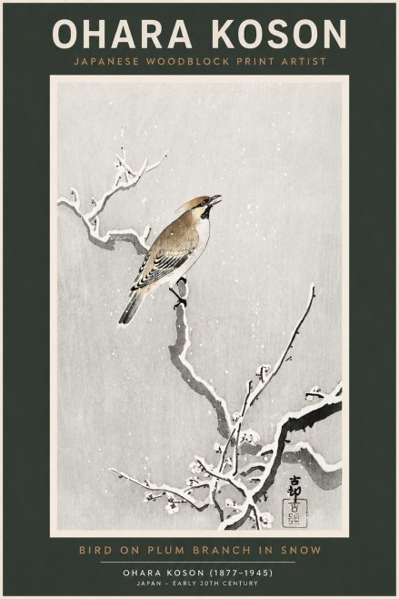 Ohara Koson Bird on Plum Branch in Snow No2 - Affiche