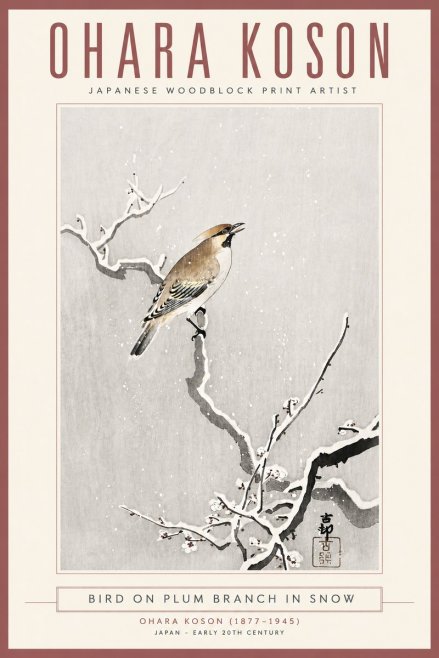 Ohara Koson Bird on Plum Branch in Snow No4 - Affiche