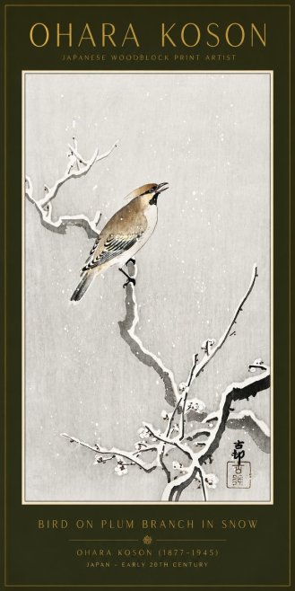 Ohara Koson Bird on Plum Branch in Snow No6 - Affiche