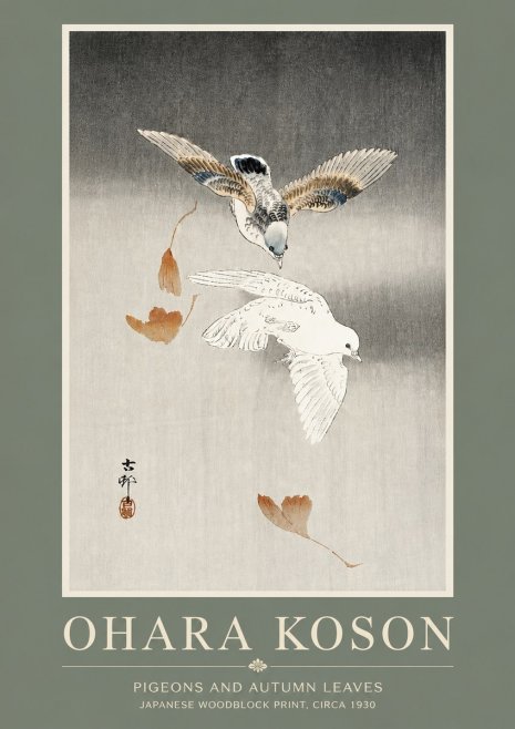 Ohara Koson Pigeons and Autumn Leaves No5 - Affiche