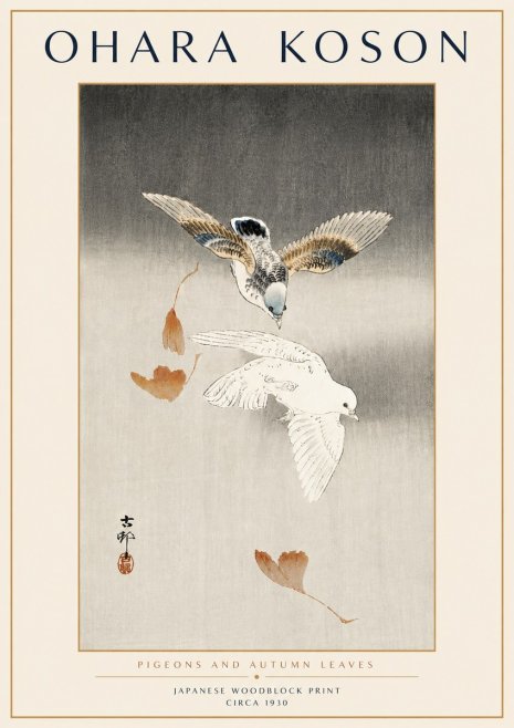 Ohara Koson Pigeons and Autumn Leaves No6 - Affiche