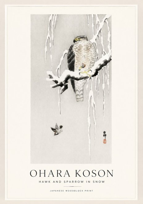 Ohara Koson Hawk and Sparrow in Snow No1 - Affiche