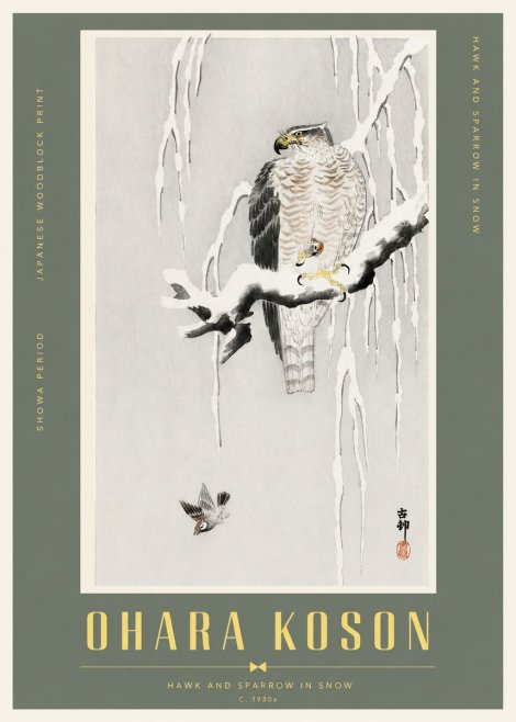 Ohara Koson Hawk and Sparrow in Snow No2 - Affiche