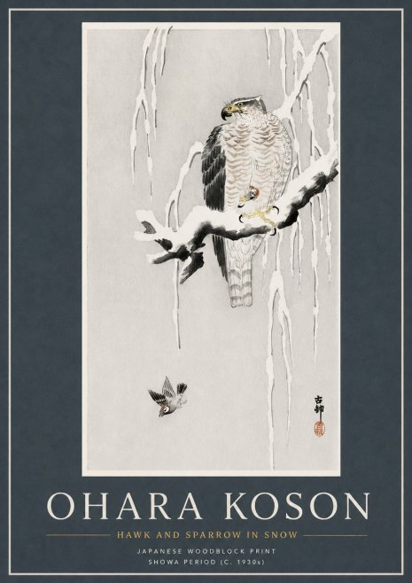 Ohara Koson Hawk and Sparrow in Snow No3 - Affiche