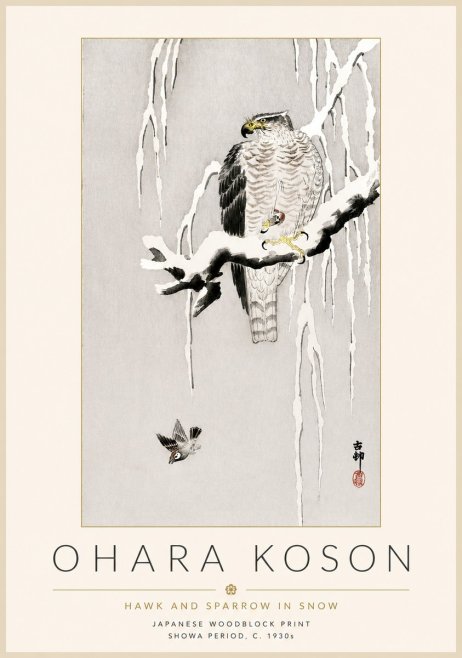 Ohara Koson Hawk and Sparrow in Snow No4 - Affiche