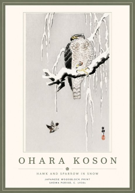 Ohara Koson Hawk and Sparrow in Snow No5 - Affiche