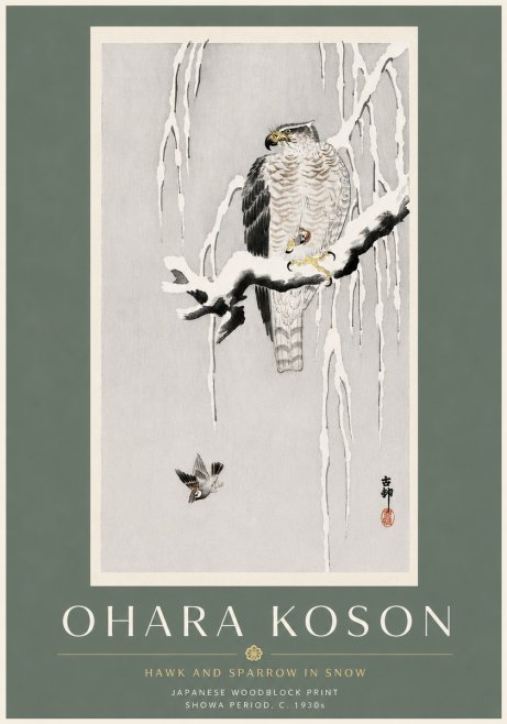 Ohara Koson Hawk and Sparrow in Snow No6 - Affiche