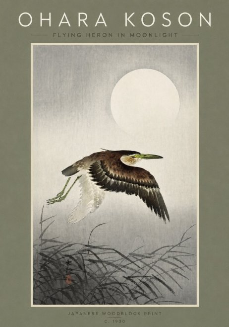 Ohara Koson Flying Heron in Moonlight No2 - Affiche