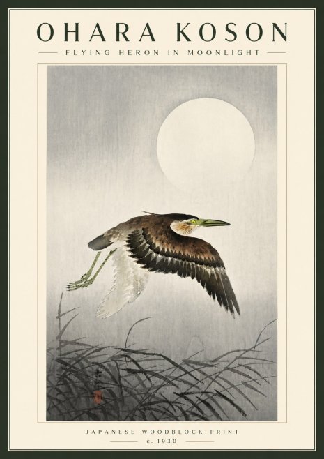 Ohara Koson Flying Heron in Moonlight No5 - Affiche